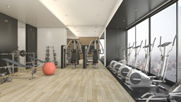 تجهیزات بدنسازی 3d rendering modern wood black decor gym fitness with nice view 256